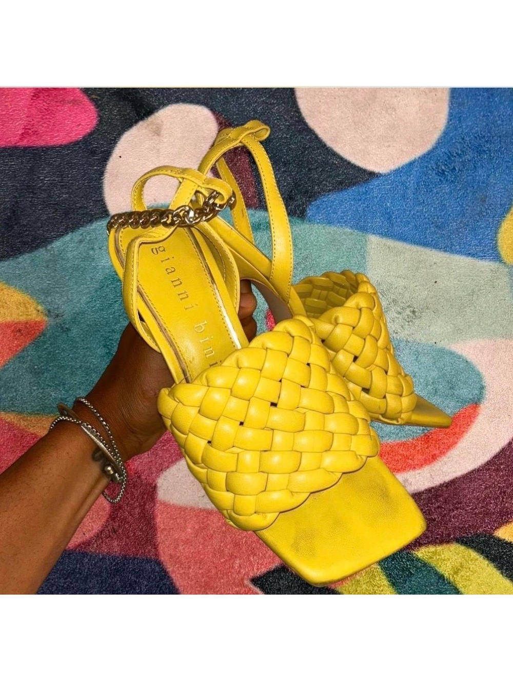 Gianni Bini Yellow Woven Leather High Heel Sandals with Gold